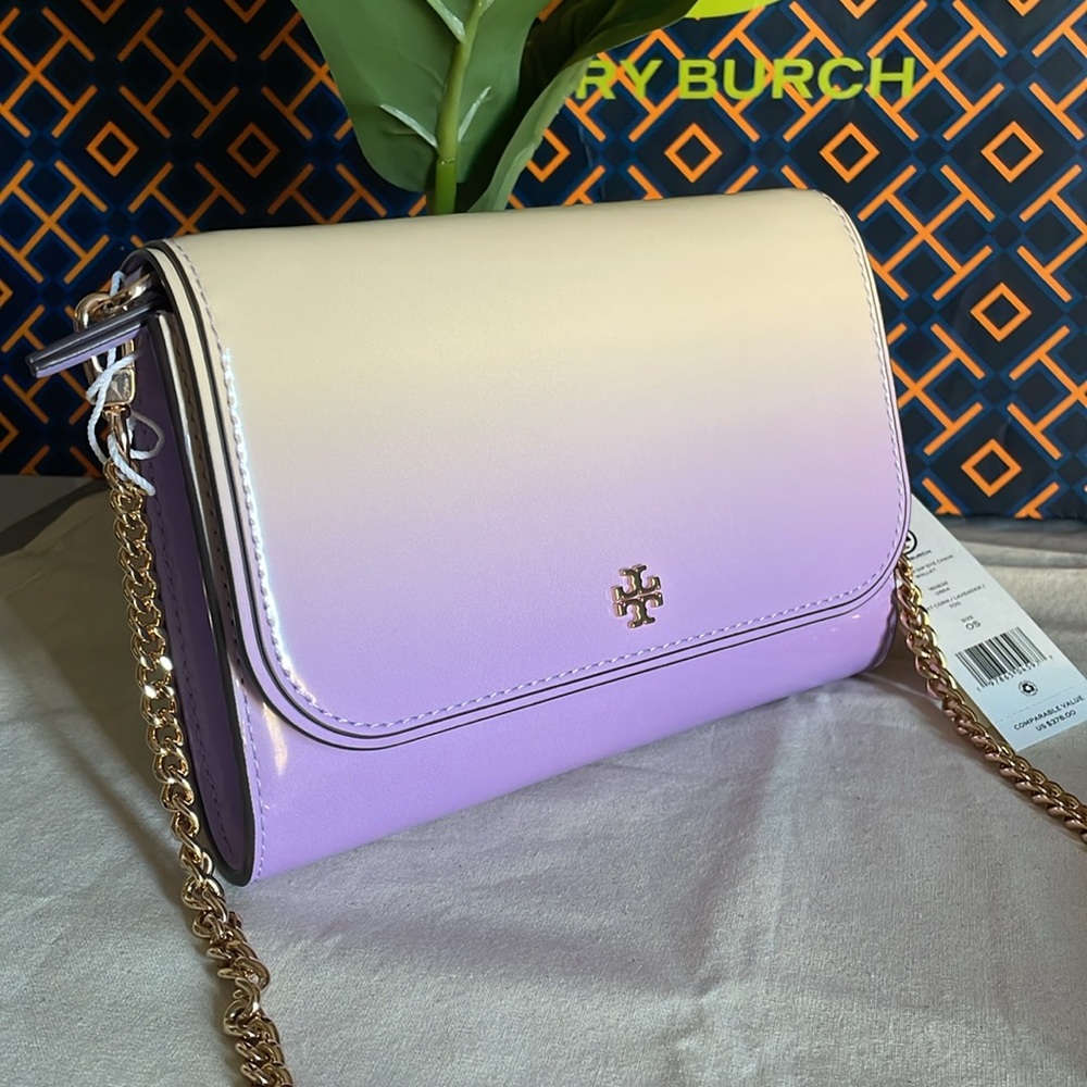 NWT tory burch Emerson dip dye chain crossbody wallet sweet corn lavender